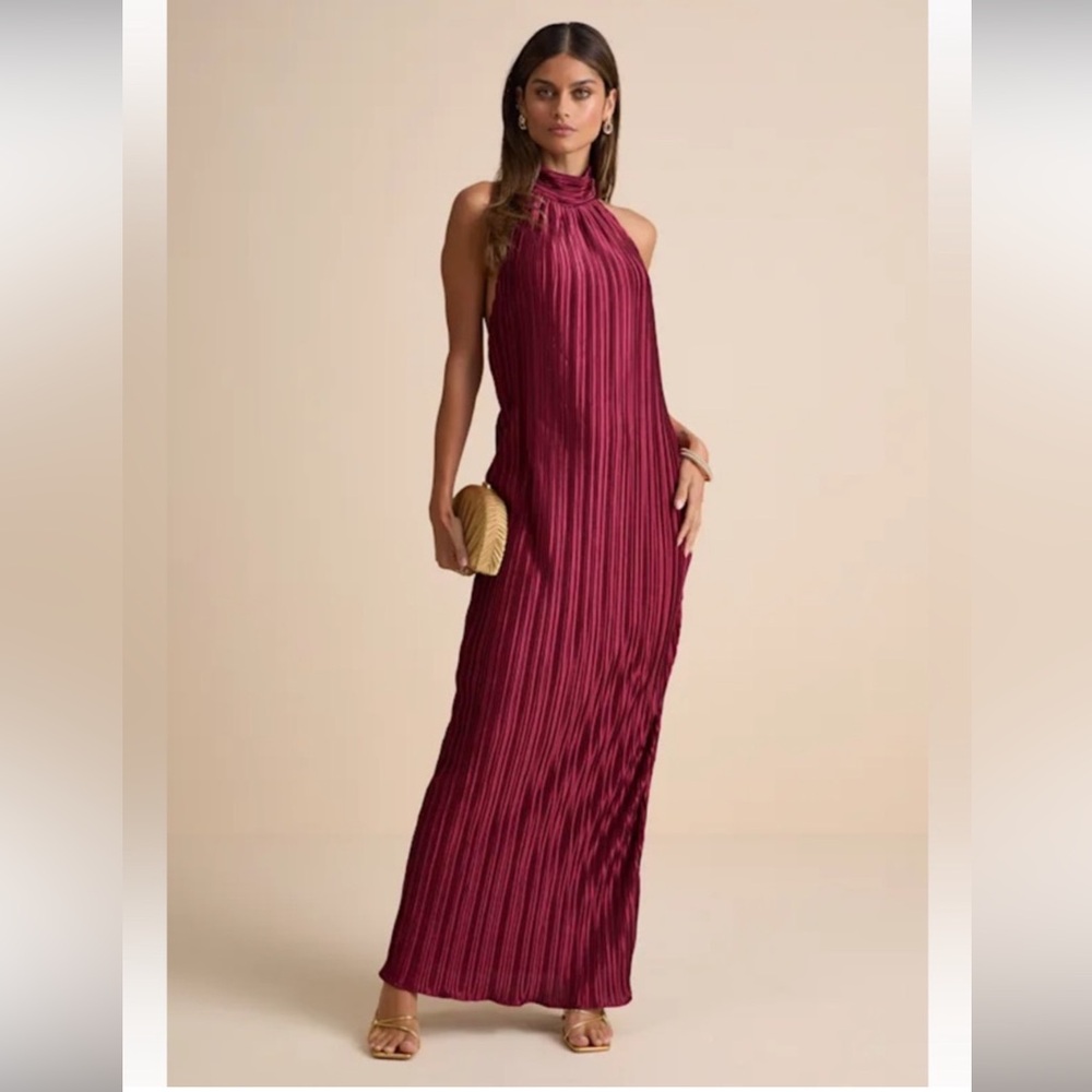 Lulus Pleated Backless Halter Dress - Color Wine
